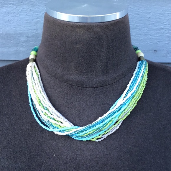 Mandee Multi Strand Twist Blue/Green Bead Necklace - Picture 3 of 7